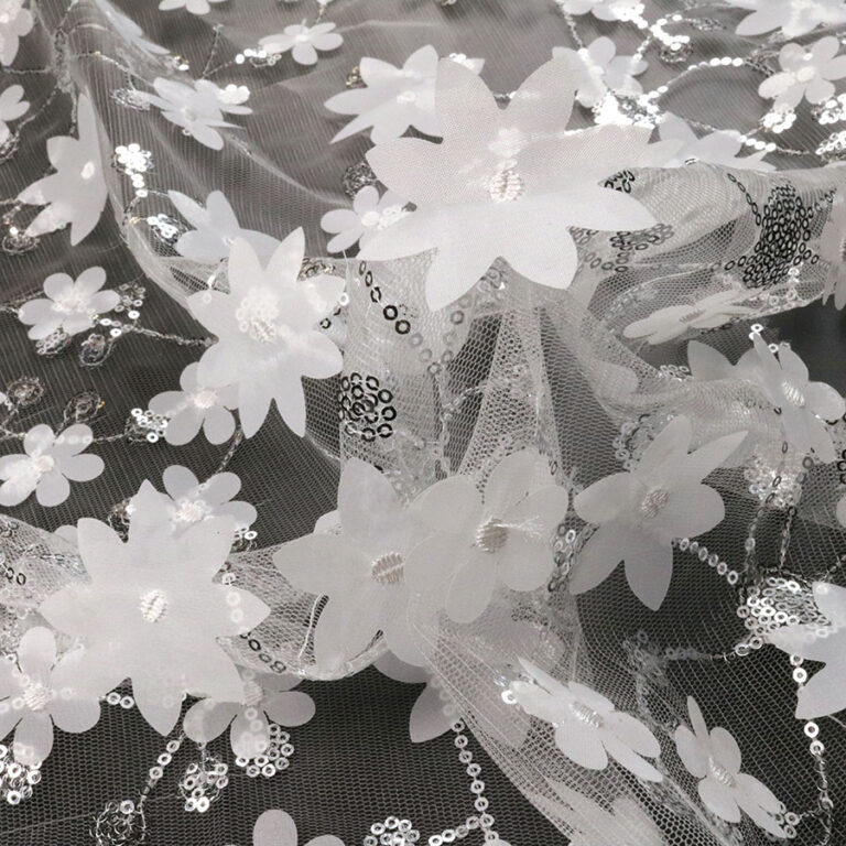 White Flower Sequined 3D Laser Lace Fabric for Bridal Dress and Wedding Party NEWL0291 China
