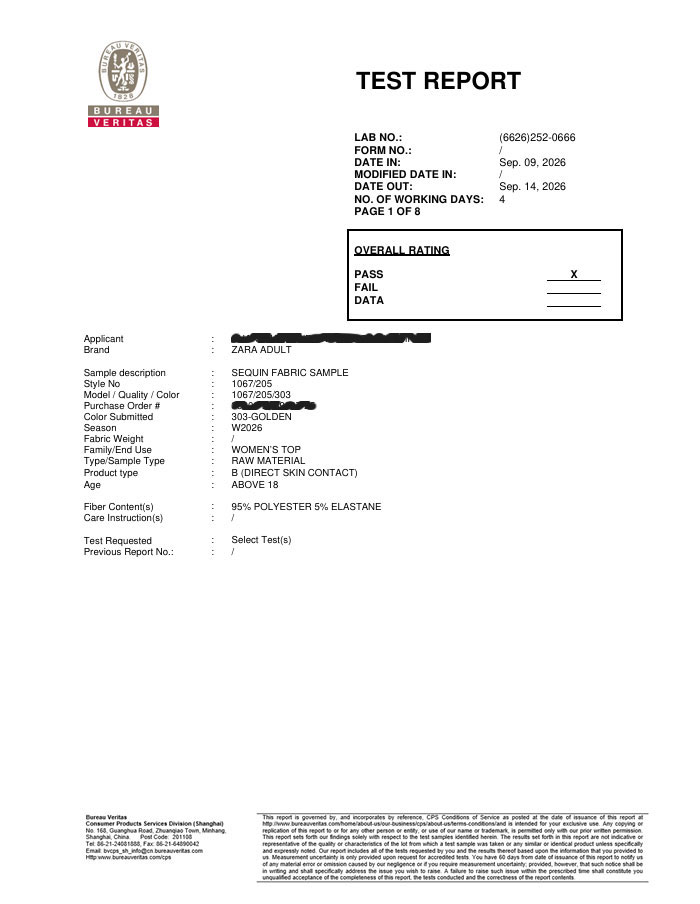 First page of the Bureau Veritas test report showing ZARA Adult brand, style number 1067/205, color 303-GOLDEN, and overall PASS result.