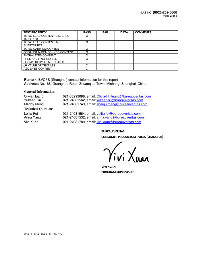 Second page of the Bureau Veritas test report summarizing the pass status for lead, cadmium, organotins, phthalates, formaldehyde, pH, and azo dyes.