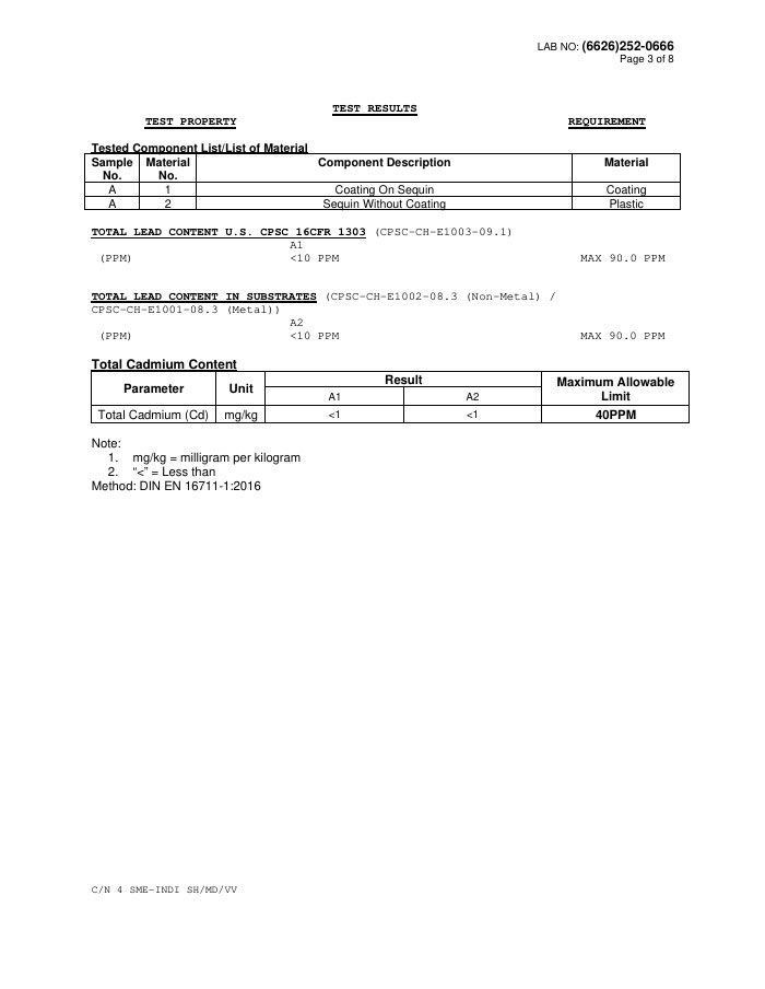 Third page of the test report displaying total lead and total cadmium content test data for the sequin coating and plastic substrate.