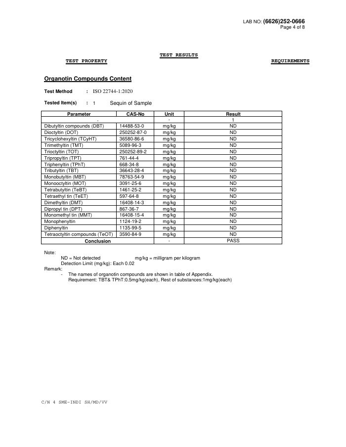 Fourth page of the test report detailing the test results and compliance requirements for organotin compounds content.
