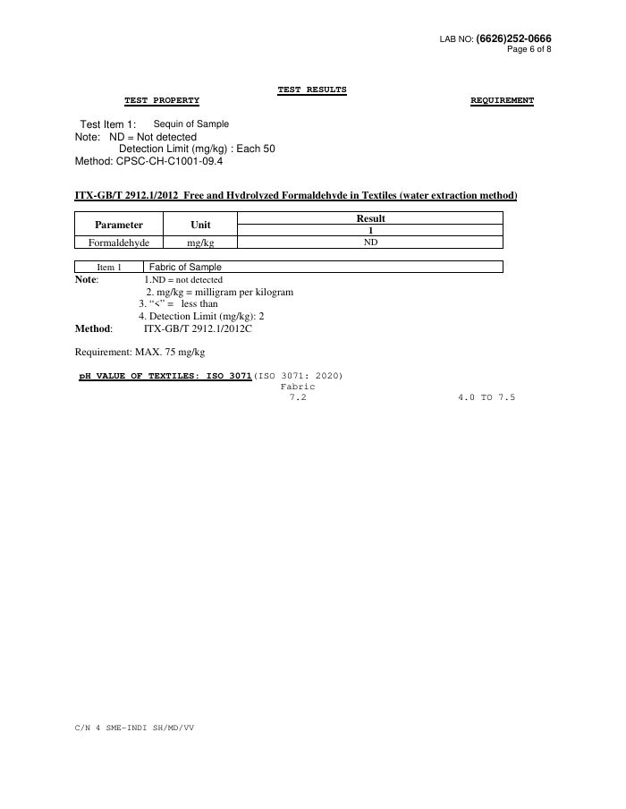 Sixth page of the test report recording free formaldehyde release and fabric pH value test results.