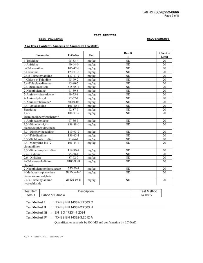 Seventh page of the test report listing amine analysis data and test methods for restricted azo dyes.