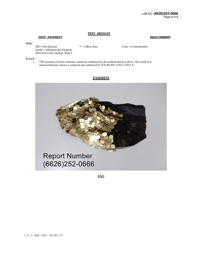 Eighth page and exhibit page of the test report displaying the physical appearance of the golden sequin fabric sample for report number (6626)252-0666.