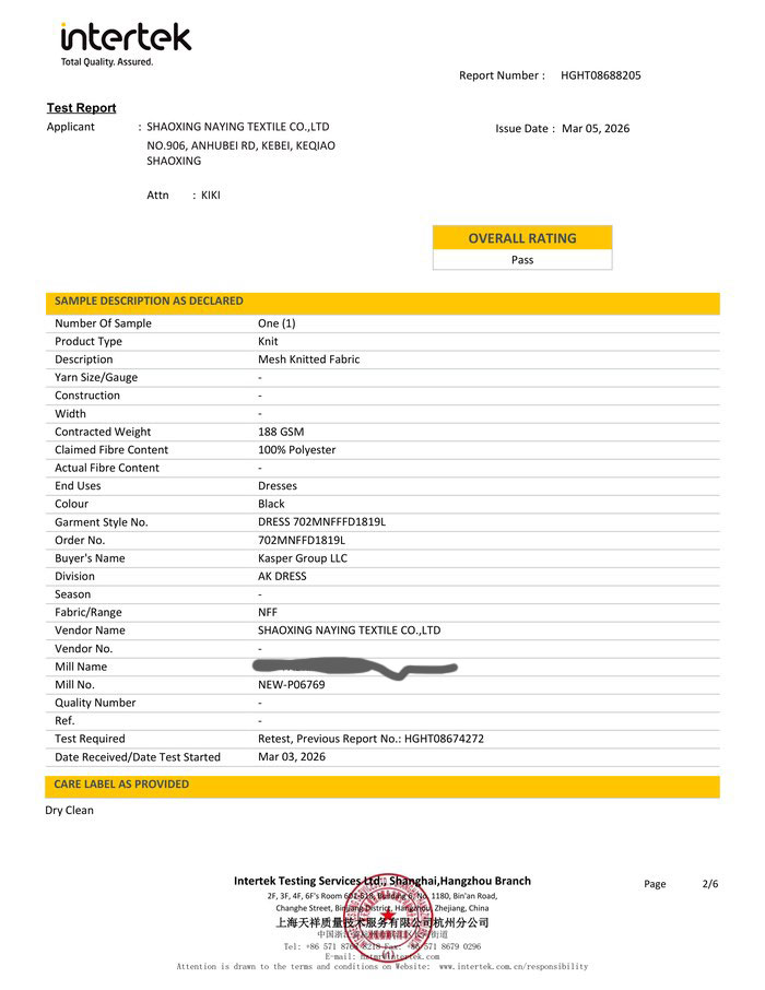Second page of the test report listing the applicant, buyer Kasper Group LLC, garment style number, and overall Pass rating.