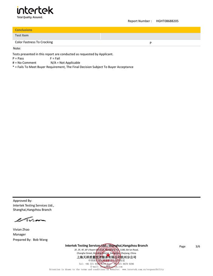 Fourth page of the test report recording dry rub 4.5 and wet rub 4.0 against requirements of 4.0 and 3.5.
