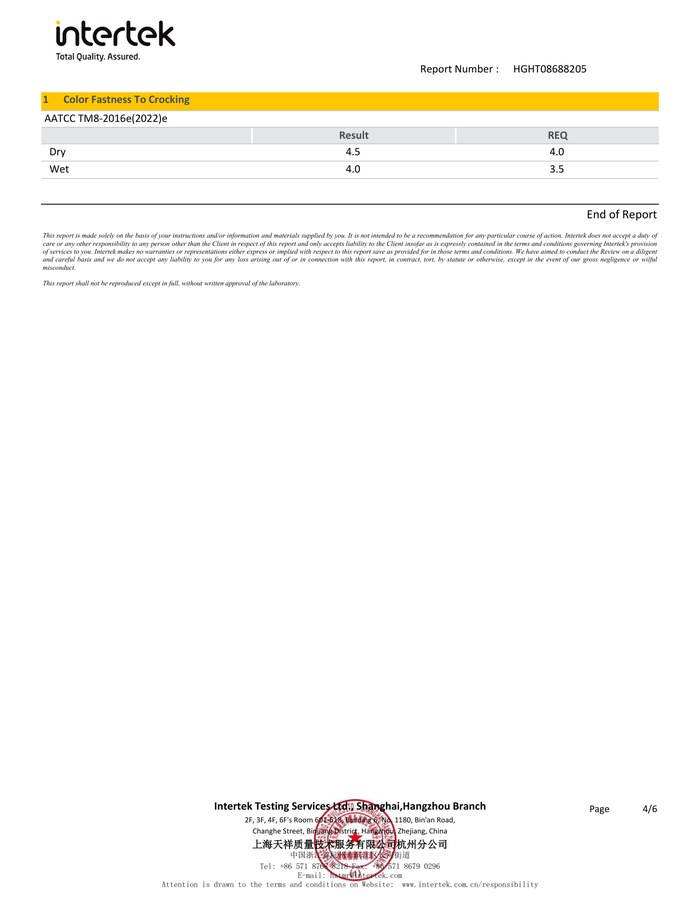 Third page of the test report showing Color Fastness to Crocking marked pass in the conclusions table.