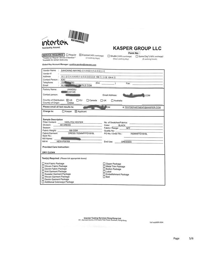 Fifth page showing the Intertek test request form filled in for Kasper Group LLC with vendor and sample details.