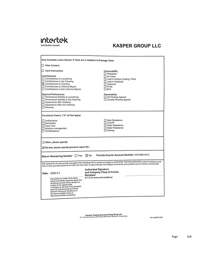 Final page of the test request form showing Colorfastness to Crocking selected and the re-test box checked.