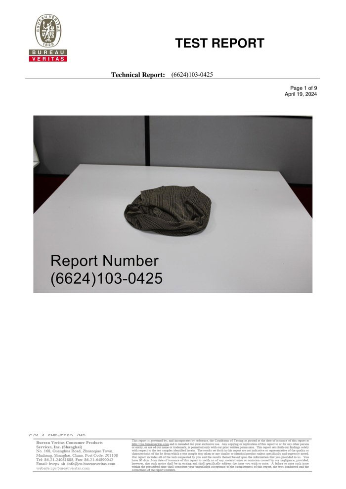 First page of the Bureau Veritas test report showing the metallic jersey sample and report number (6624)103-0425