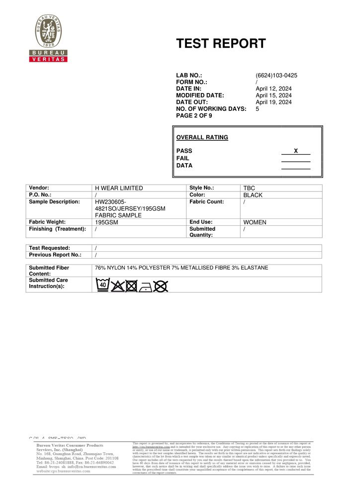 Second page of the test report listing vendor H WEAR LIMITED, color BLACK and the overall PASS rating