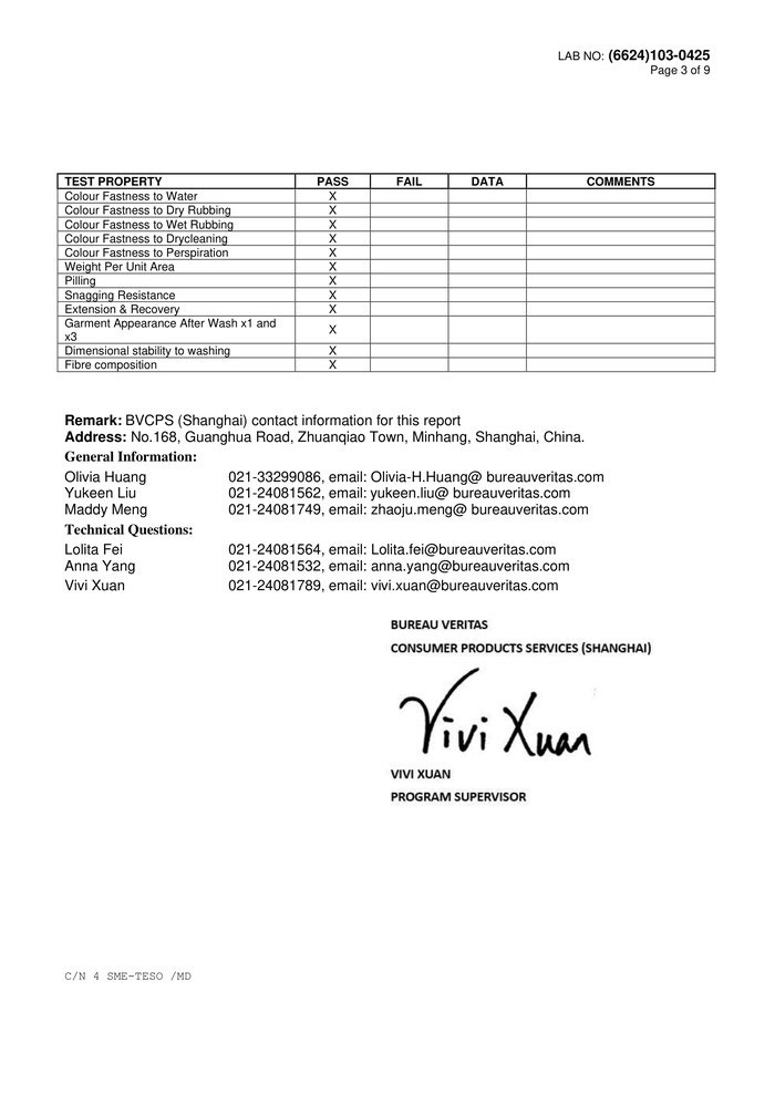 Third page of the test report summarizing pass status for color fastness, weight, pilling, snagging and fiber composition