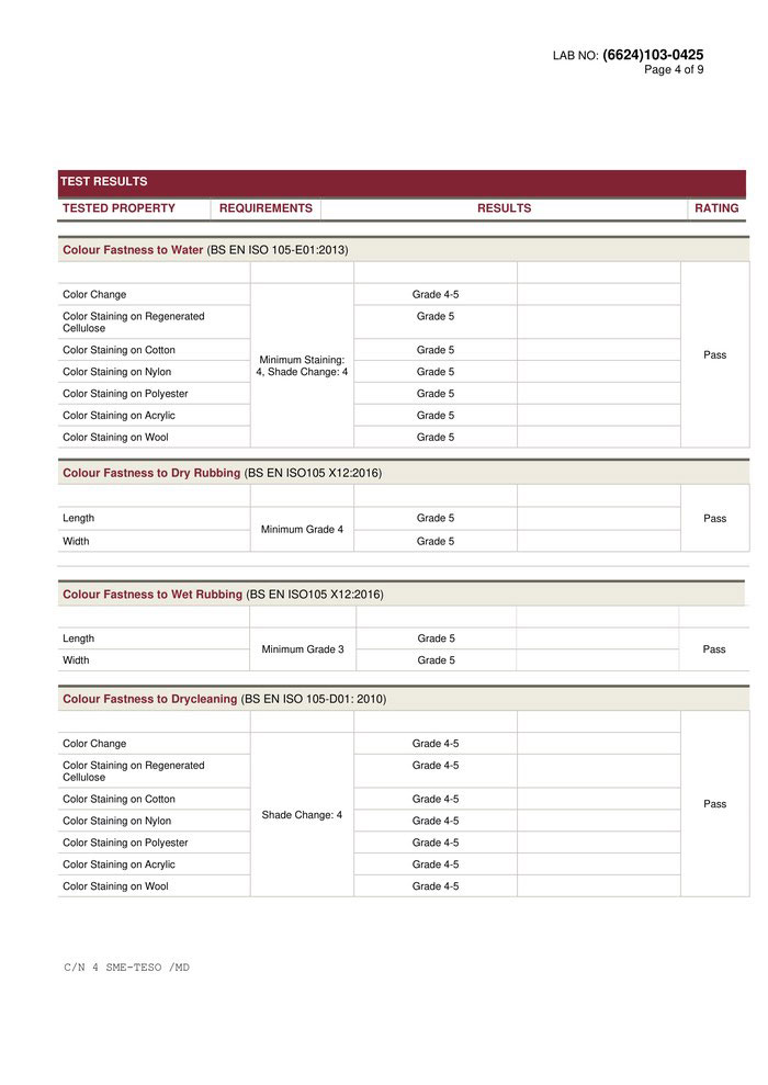 Fourth page of the test report with color fastness results for water, dry and wet rubbing, and drycleaning