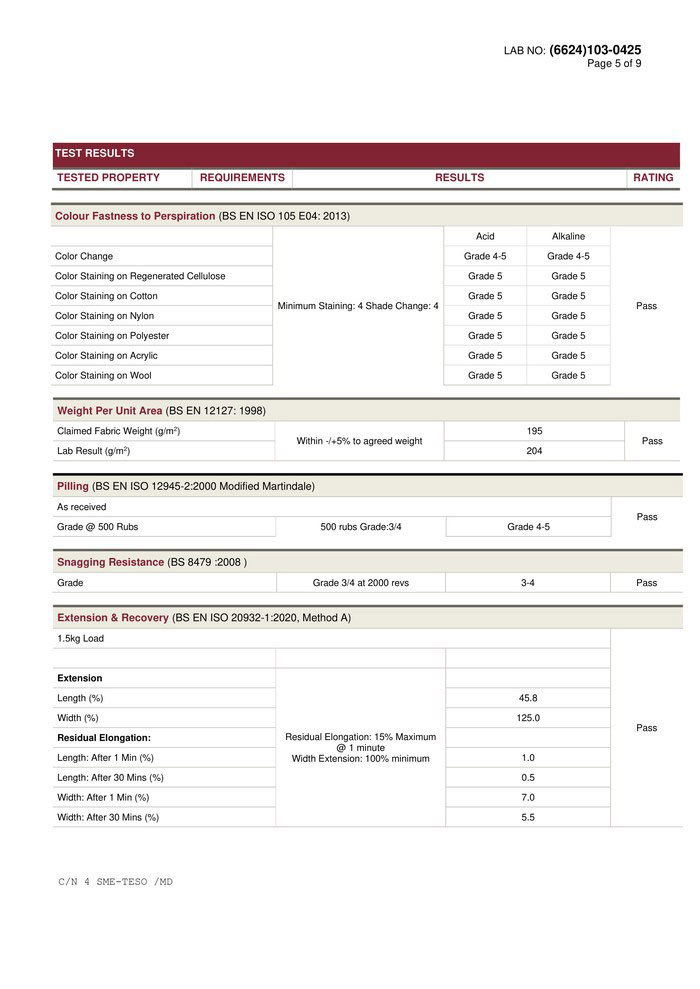 Fifth page of the test report with perspiration fastness, fabric weight, pilling, snagging and extension results