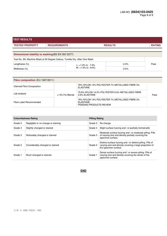 Ninth and final page of the test report showing dimensional stability, fiber composition analysis and rating scales
