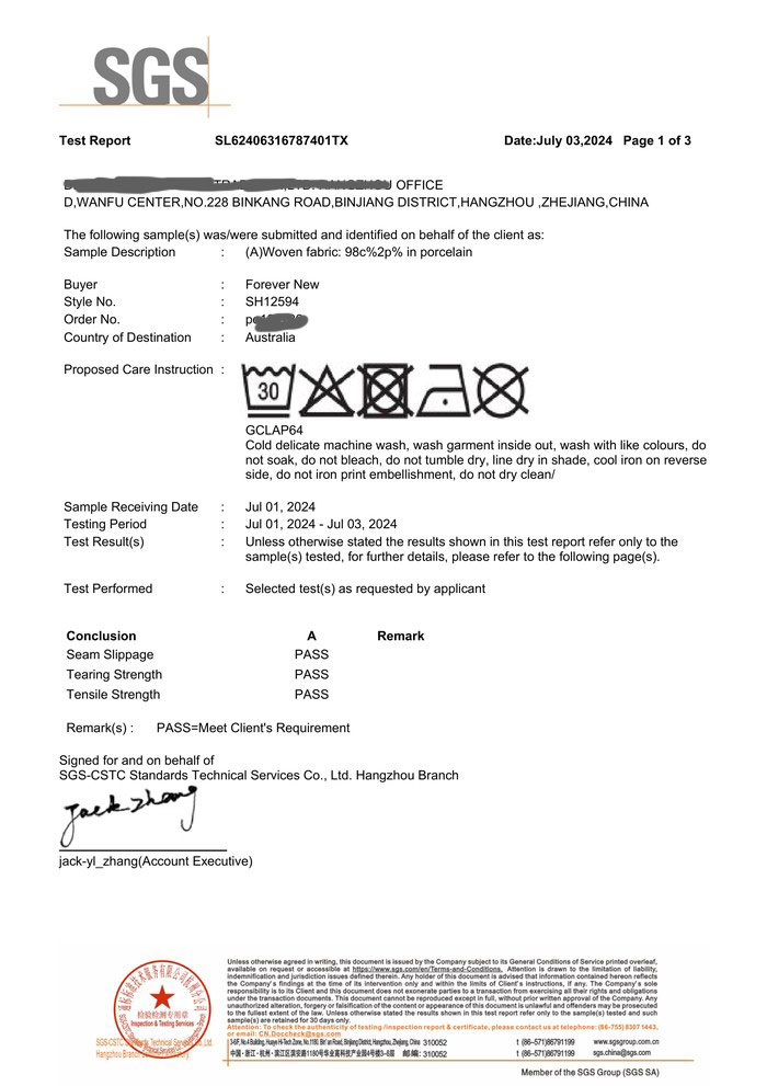 First page of the SGS test report showing Forever New, style SH12594, porcelain colour and an overall PASS.