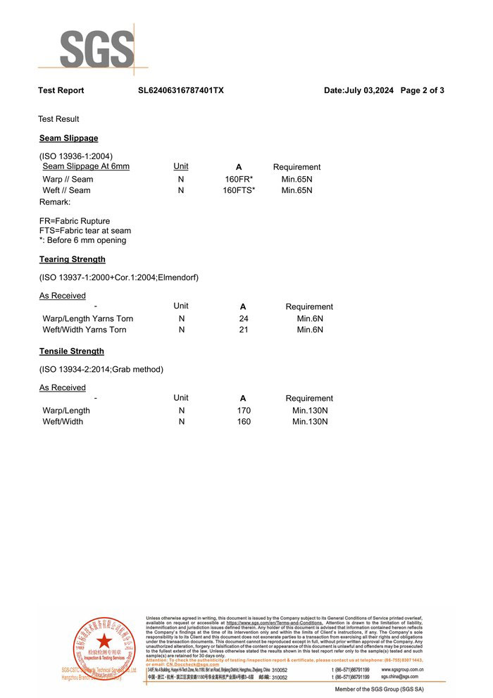 Second page of the SGS test report listing seam slippage, tearing and tensile strength values against requirements.