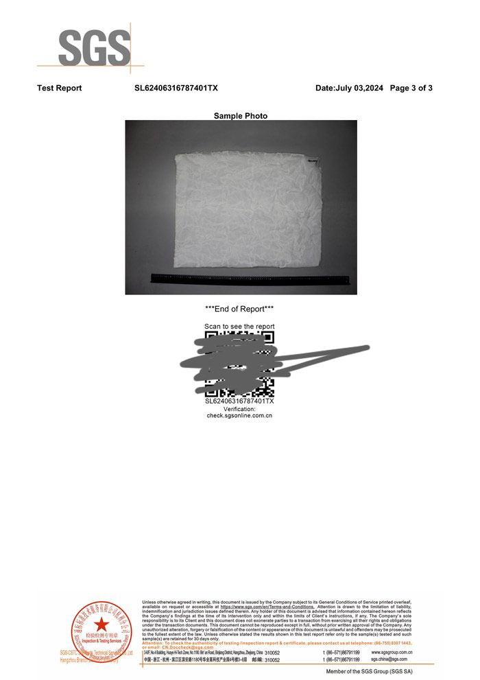 Third page of the SGS report showing the porcelain woven fabric sample photo and QR code for report verification.
