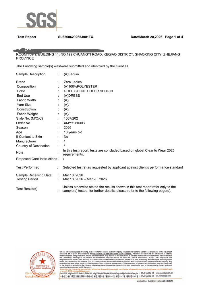 First page of the SGS test report showing Zara Ladies brand, style number 1067/202 and 100% polyester sequin sample details