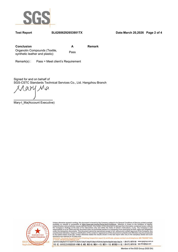 Second page of the SGS test report recording the Pass conclusion for organotin compounds content in the sequin sample