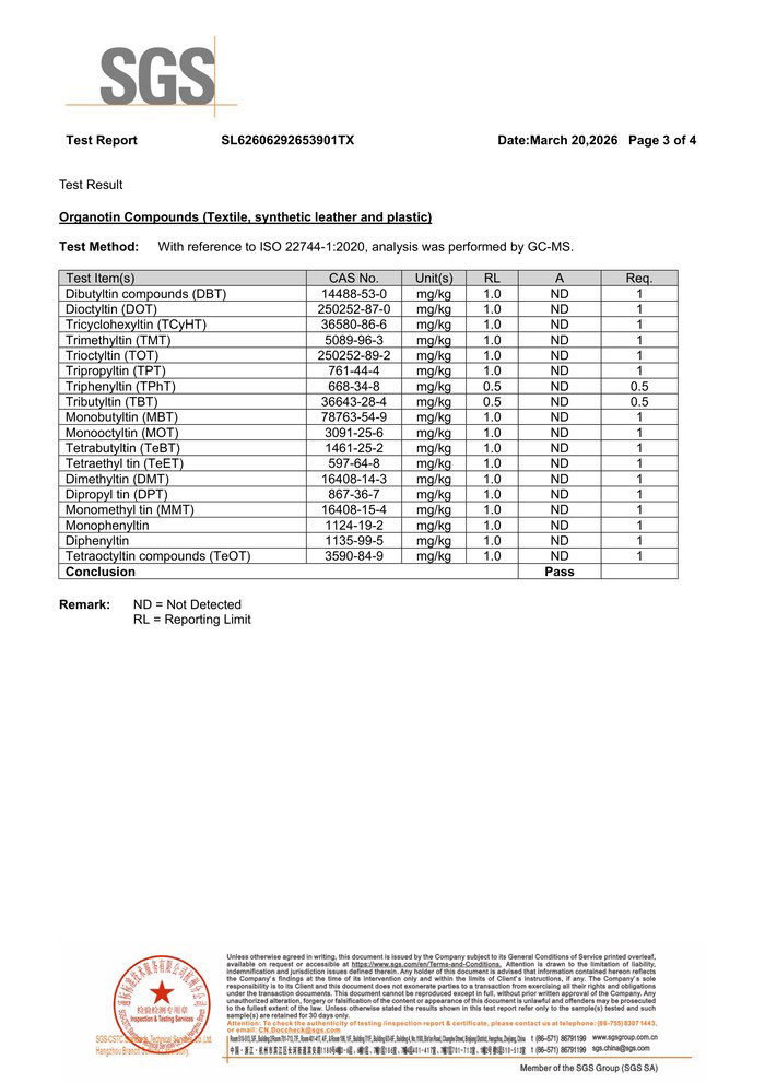 Third page of the SGS test report listing test data and reporting limits for 18 organotin compounds analyzed by GC-MS