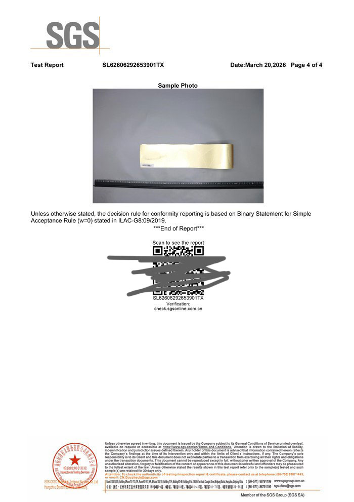 Fourth and final page of the SGS test report showing the sample photo, verification QR code and end of report statement