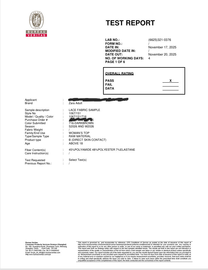 Bureau Veritas test report for Naying Textile ZARA Adult lace fabric, including color fastness and chemical safety testing – test results