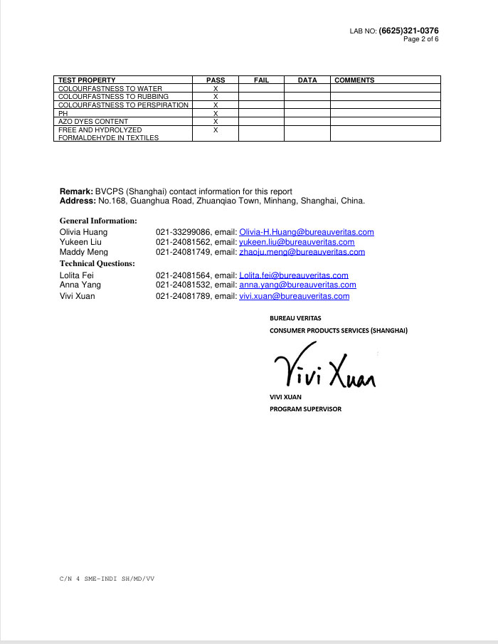 Bureau Veritas test report – ZARA Adult lace fabric – detailed test results