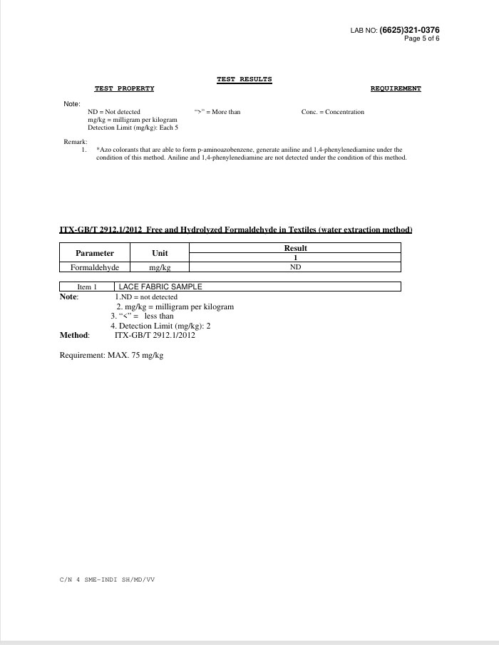 Bureau Veritas test report – ZARA Adult lace fabric – data 3