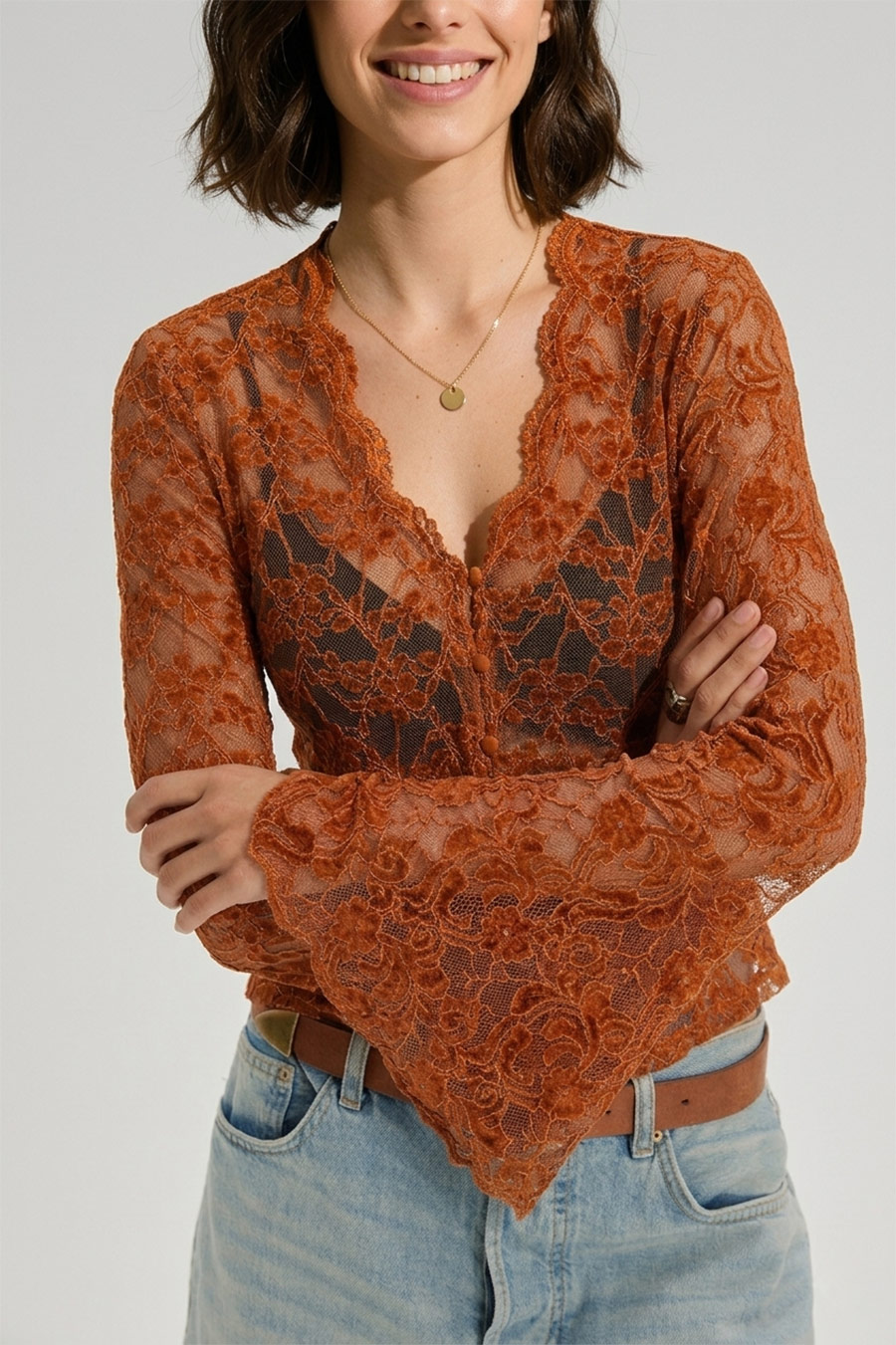 Caramel BrownRecycled Nylon Polyester Spandex Chenille Lace Fabric - NWLC-10830-3 - Top Design