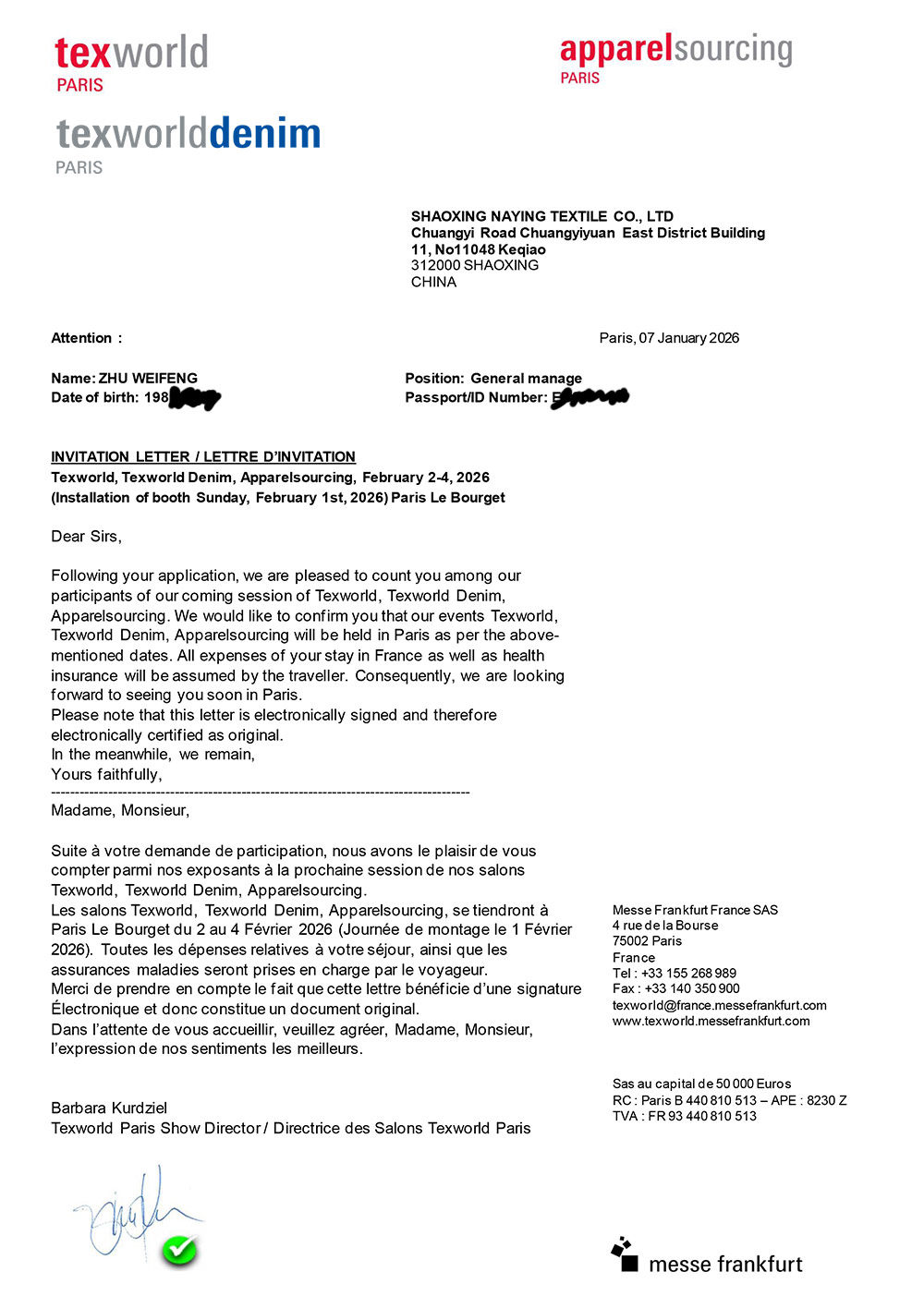 Invitation Letter of Texworld Paris of 2 – 4 February 2026