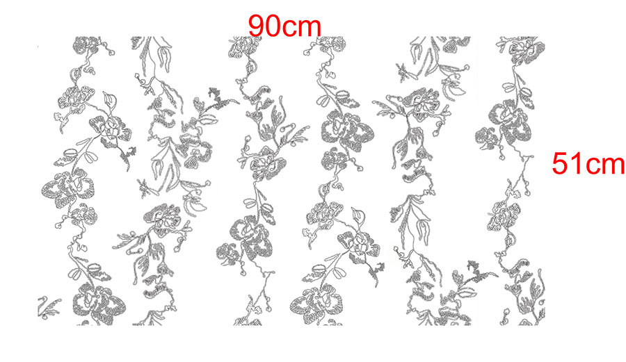 Customized embroidery design layout showing a 90cm repeat and 51cm cut width