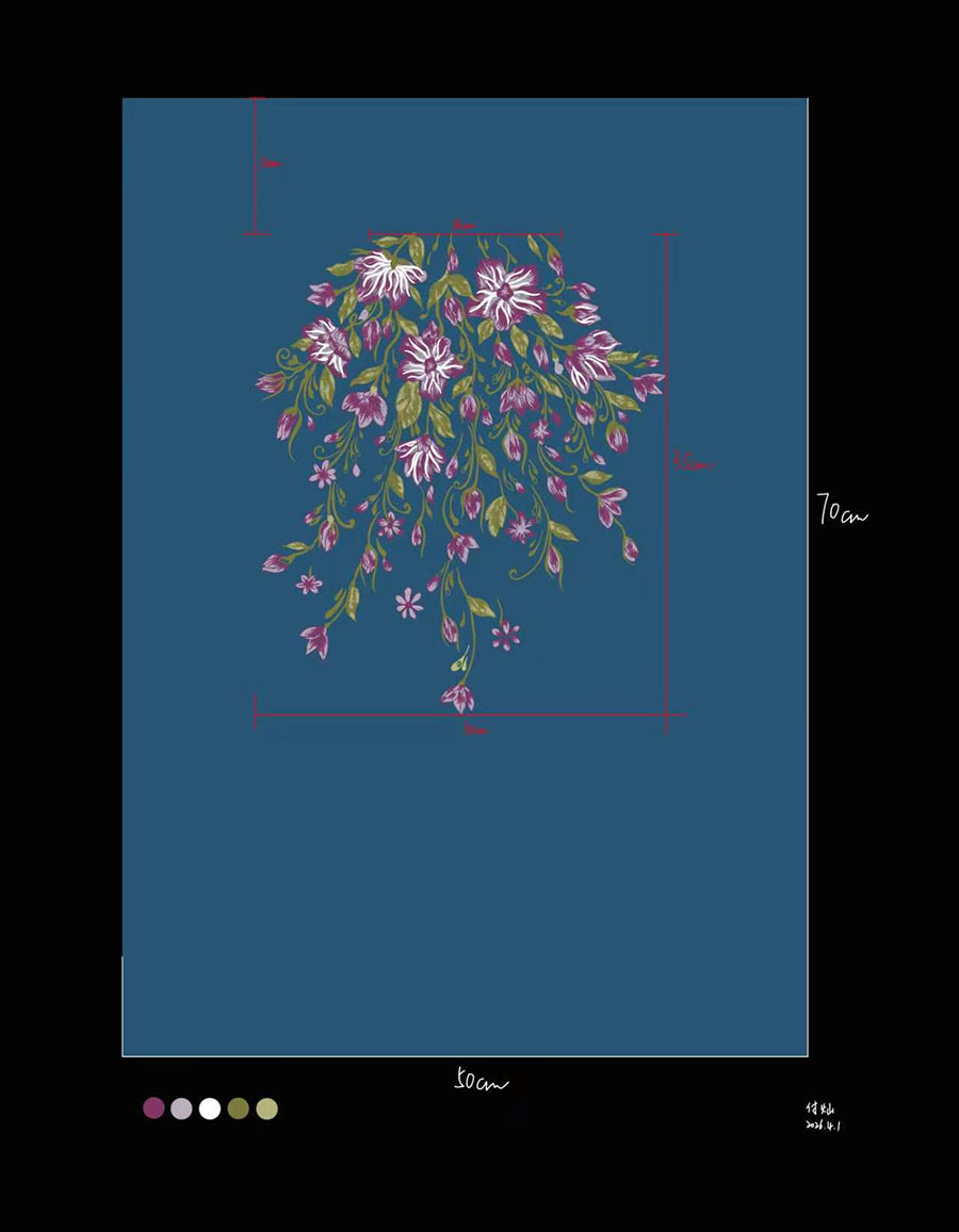 First development stage of the colorful plain embroidery garment panel for the European fashion brand YY, showing the hand-drawn trailing floral artwork with a five-color palette and the 70 cm by 50 cm panel layout