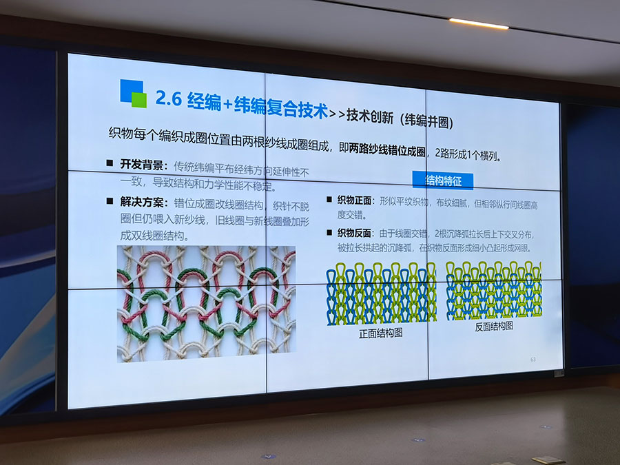 Professor Cong Honglian of Jiangnan University explaining combined warp- and weft-knitting technology